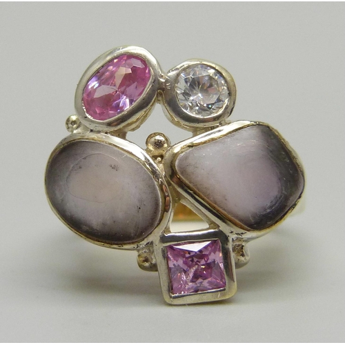 987 - A silver gilt, pink stone, pearl and zircon ring, N