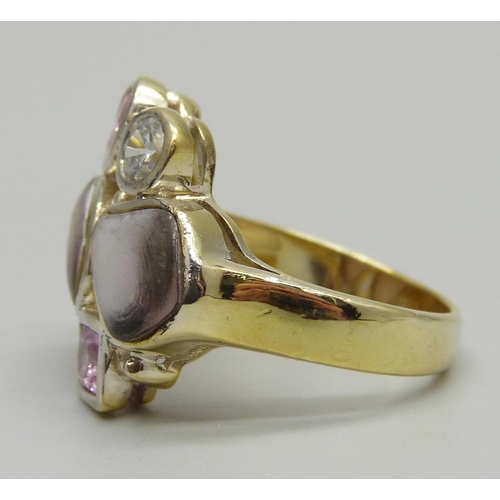 987 - A silver gilt, pink stone, pearl and zircon ring, N