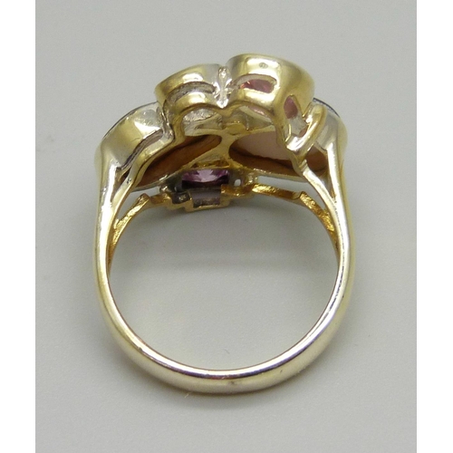 987 - A silver gilt, pink stone, pearl and zircon ring, N