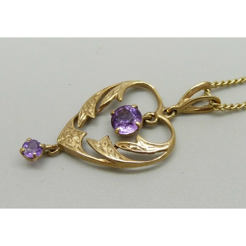 997 - A 9ct gold Art Nouveau style amethyst pendant on a chain, pendant 2.4g