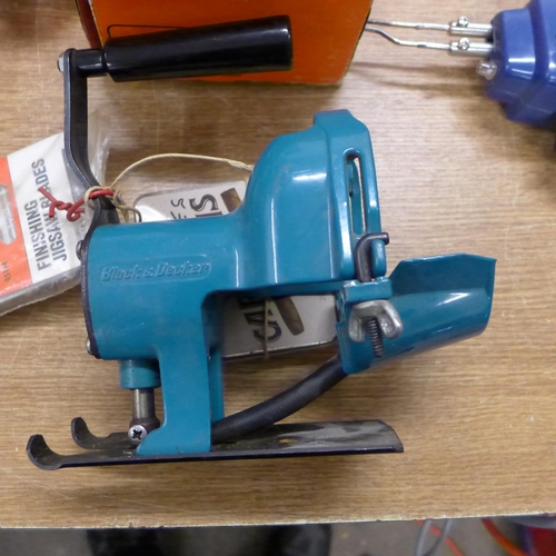 2012 - A Black & Decker drill, a circular saw with instructions and attachment, a jigsaw attachment, a chis... 