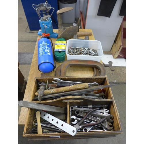 2030 - Two trays of assorted hand tools inc. spanners, drill bits, G-clamps, etc. - soldering iron failed e... 