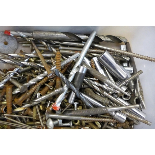 2030 - Two trays of assorted hand tools inc. spanners, drill bits, G-clamps, etc. - soldering iron failed e... 