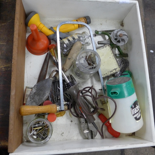 2030 - Two trays of assorted hand tools inc. spanners, drill bits, G-clamps, etc. - soldering iron failed e... 