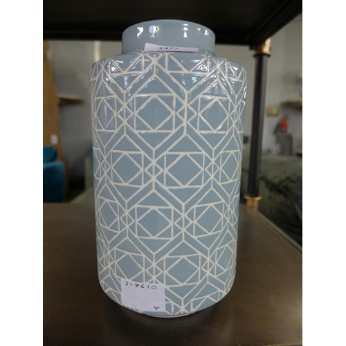 1509 - A light blue and white geometric patterned vase