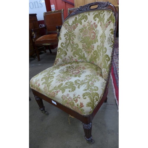 18 - A pair of George IV carved mahogany and fabric upholstered lady's chairs, manner of Gillows