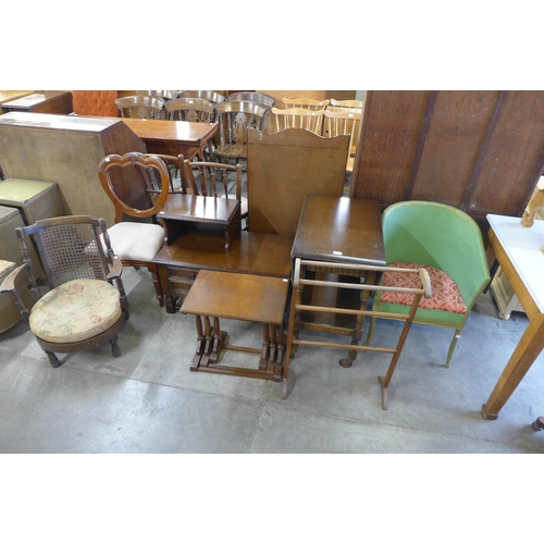 195 - An oak telephone seat, a nest of tables, a trolley, Victorian walnut chair and two other chairs