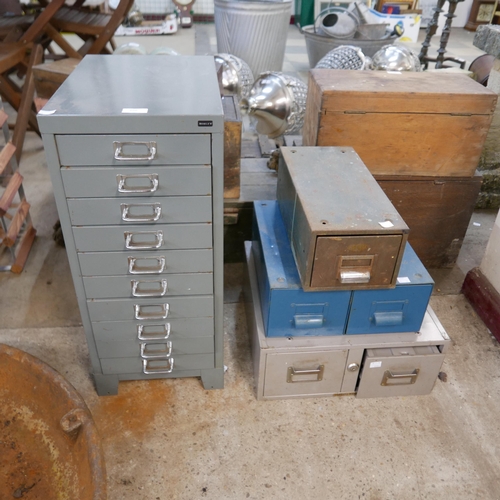 250 - A Bisley steel filing cabinet and three metal table top index drawer cabinets