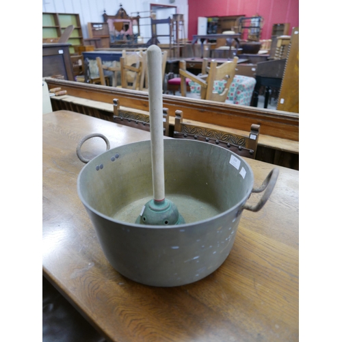 254 - A vintage meat safe, a brass jam pan and two ponches