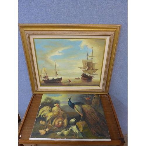 281 - A marine landscape, oil on canvas and one other depicting birds in a landscape