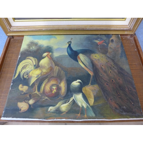 281 - A marine landscape, oil on canvas and one other depicting birds in a landscape