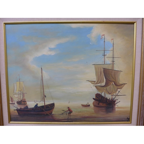 281 - A marine landscape, oil on canvas and one other depicting birds in a landscape