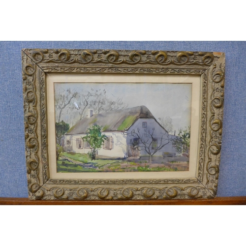 284 - English School, cottage with thatched roof, watercolour, unsigned, framed