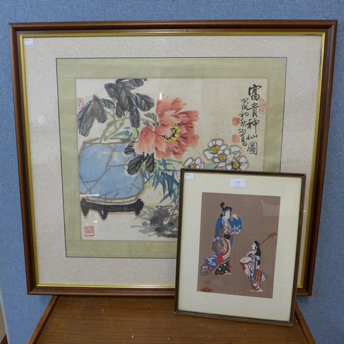 292 - A Chinese watercolour and a Japanese mixed media, both framed