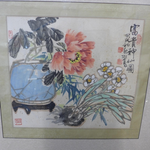 292 - A Chinese watercolour and a Japanese mixed media, both framed