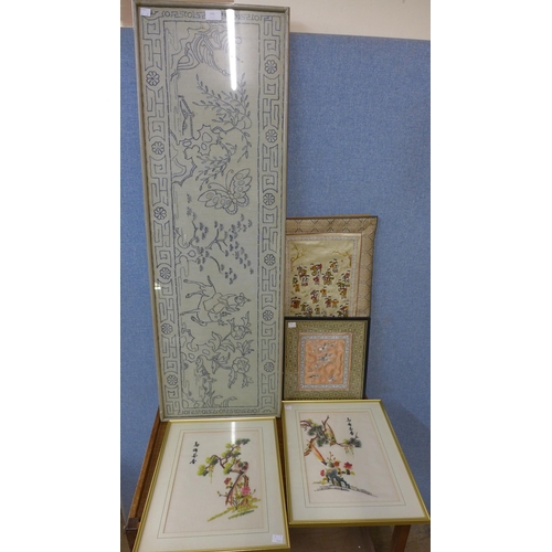 295 - Assorted oriental embroideries and a scroll