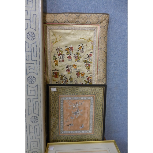 295 - Assorted oriental embroideries and a scroll