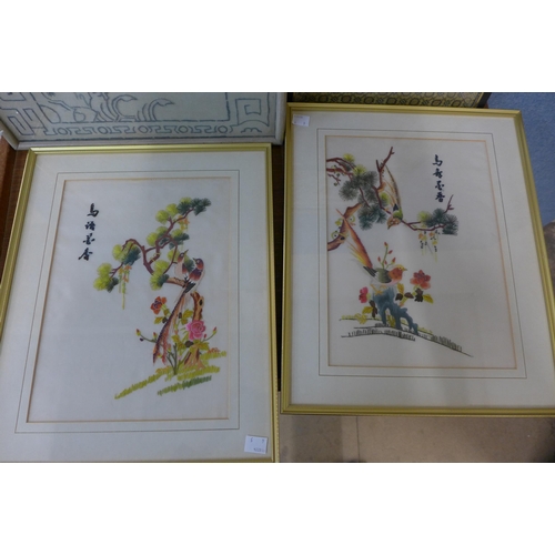 295 - Assorted oriental embroideries and a scroll