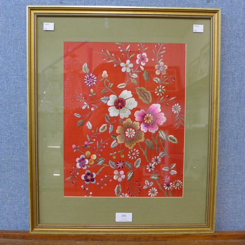 296 - A Chinese silk work embroidery, still life of flowers, framed