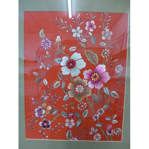 296 - A Chinese silk work embroidery, still life of flowers, framed