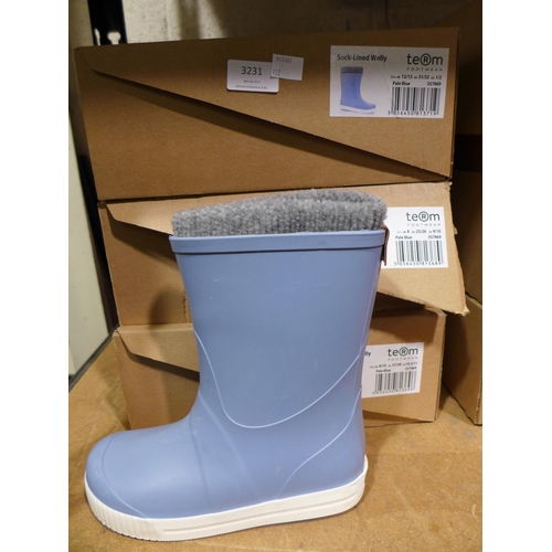 3231 - Three Pairs of Children's Pale Blue Team Sock-Lined Wellies - Mixed Size: 8, 9/10 & 12/13