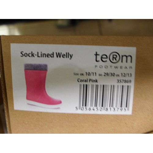 3232 - Three Pairs of Children's Coral Pink Team Sock-Lined Wellies - Mixed Size: 1/2 & 10/11