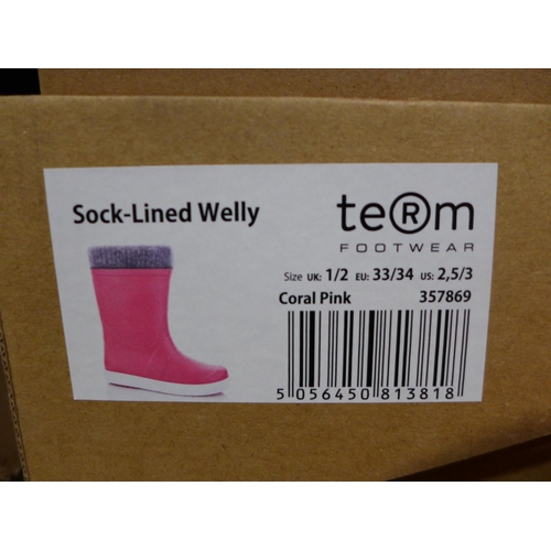 3232 - Three Pairs of Children's Coral Pink Team Sock-Lined Wellies - Mixed Size: 1/2 & 10/11