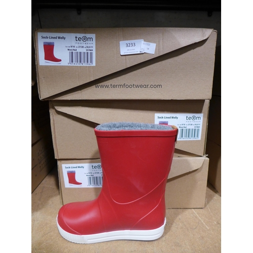 3233 - Three Pairs of Children's Red Team Sock-Lined Wellies - UK Size: 9/10