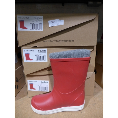 3234 - Three Pairs of Children's Red Team Sock-Lined Wellies - UK Size: 10/11