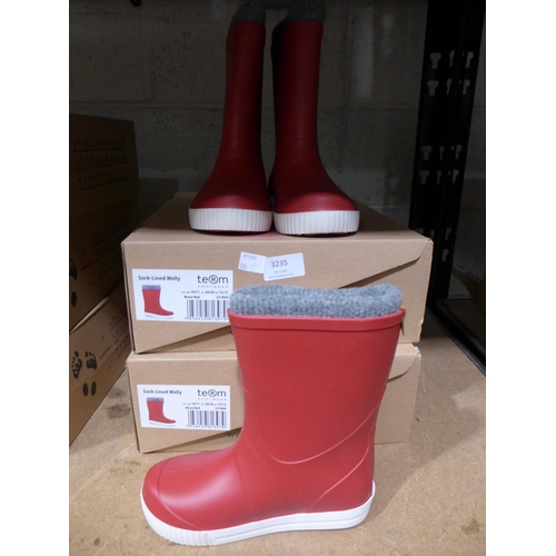 3235 - Three Pairs of Children's Red Team Sock-Lined Wellies - UK Size: 1/2 & 10/11