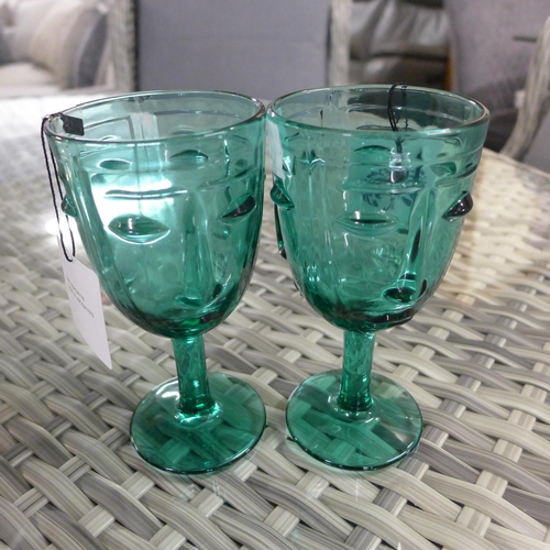 1383 - A pair of teal deco face wine glasses (GW11602)   #