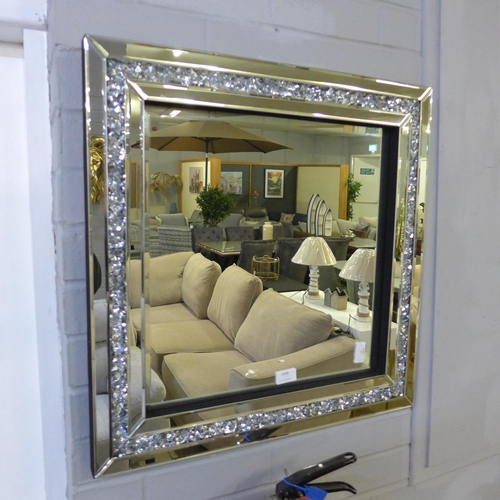 1408 - A square mirror with bevelled edge glass with a border filled with crystals, H 60cms (GATSBYBOX6027)... 