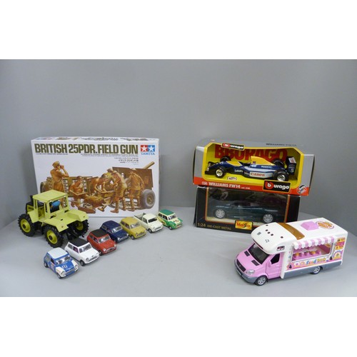 701A - Two boxed model vehicles, Maisto and Burago, a model tractor, burger van, six model Mini Coopers and... 