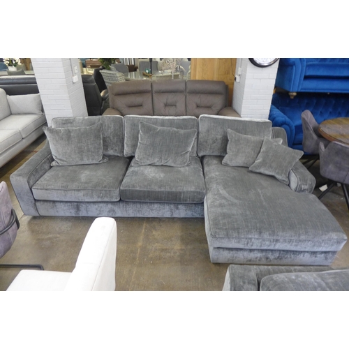 1467 - A pewter velvet 'L' shaped sofa and armchair - damaged feet on leg rest