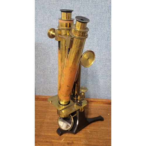 311 - A Victorian brass microscope, signed Smith, Beech & Beck, 31 Cornhill, London, 3643, in mahogany cas... 