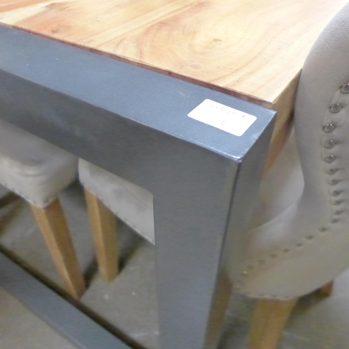 1472 - A Fire hardwood and gunmetal grey dining table with a set of four Arlo taupe button back chairs * th... 