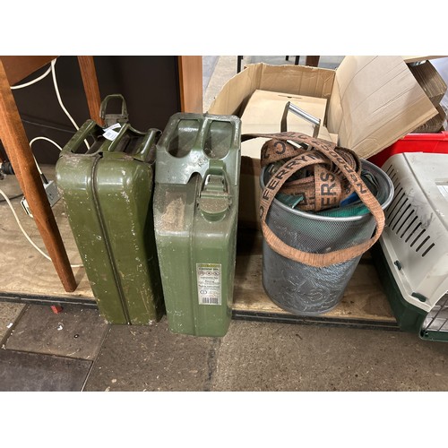 2359 - 2 Jerry cans and a basket of rope and straps