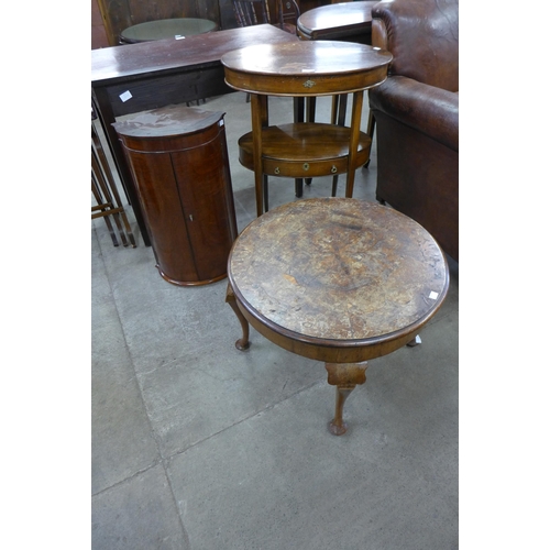 150 - An Edward VII mahogany bow front wall hanging corner cupboard, an oval two tier occasional table and... 