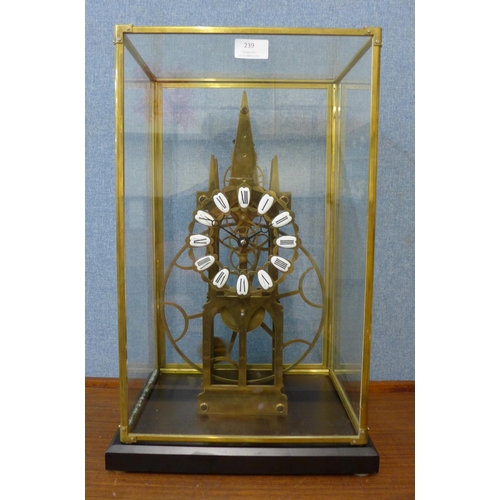 239 - A 19th Century style brass skeleton clock, cased