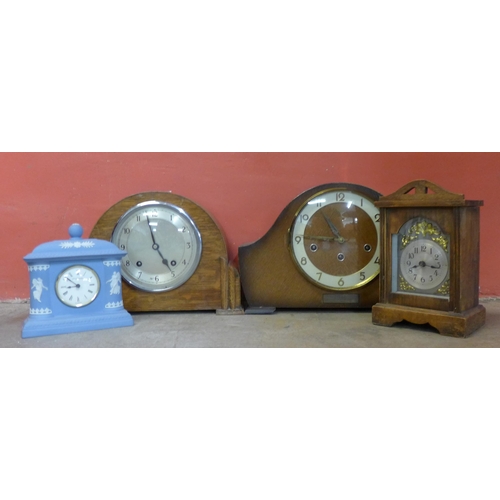 284 - A Bentima 8-day mantel clock, two other mantel clocks and a Wedgwood Jasperware clock