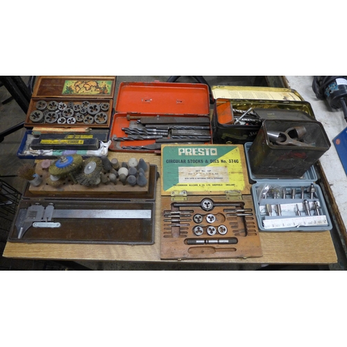 2030 - A job lot of engineering tools including tap and dies, Draper reamers, large drill bits, J&H Smith s... 