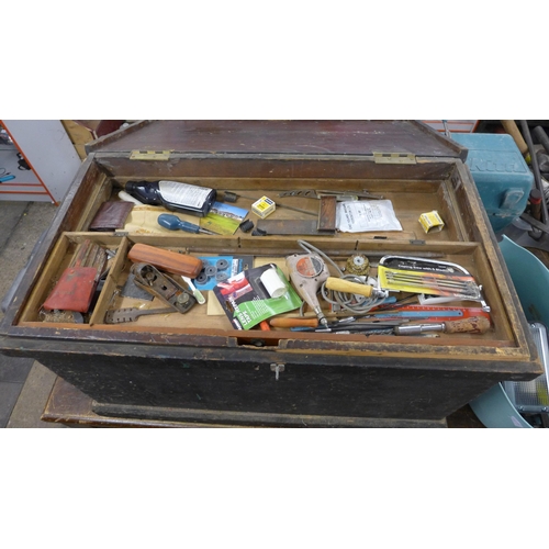 2046 - A large wooden engineer's tool box including a mixed assortment of  tools; hacksaw and spare blades,... 