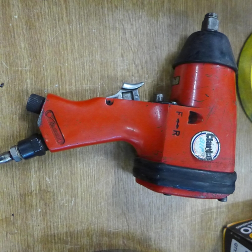 2050 - A quantity of air tools, mini sander, Gold pro abrasives and a rubber air hose,