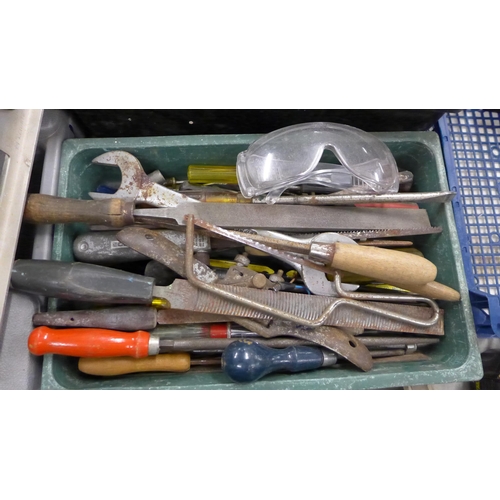 2064 - An assortment of hand tools including spanner’s, files, hammers, screwdrivers, goggles and more