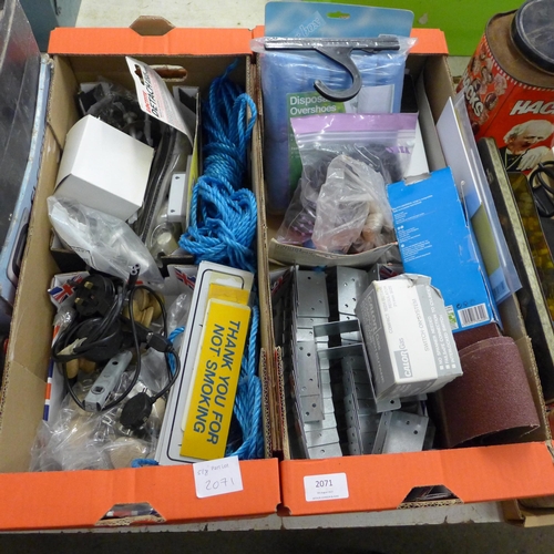 2071 - A box of assorted household maintenance items including disposable overshoes, door knobs, sandpaper,... 