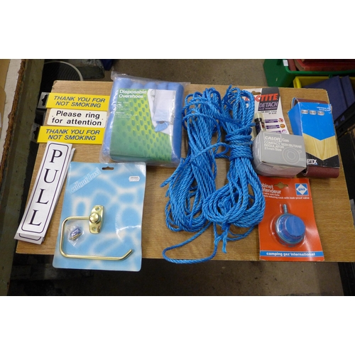 2071 - A box of assorted household maintenance items including disposable overshoes, door knobs, sandpaper,... 