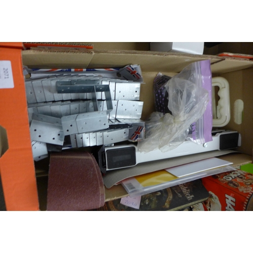 2071 - A box of assorted household maintenance items including disposable overshoes, door knobs, sandpaper,... 