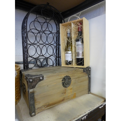 2080 - Two bottles of Sauvignon blanc and Malbec wine, boxed, a metal wine rack and a wooden case