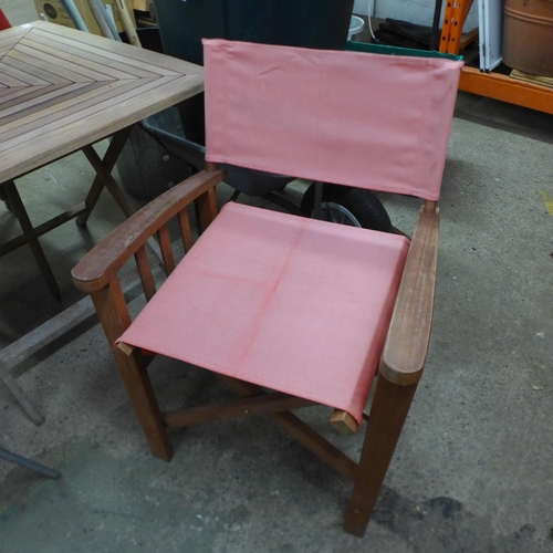 2244 - A teak garden table with two chairs and matching parasol