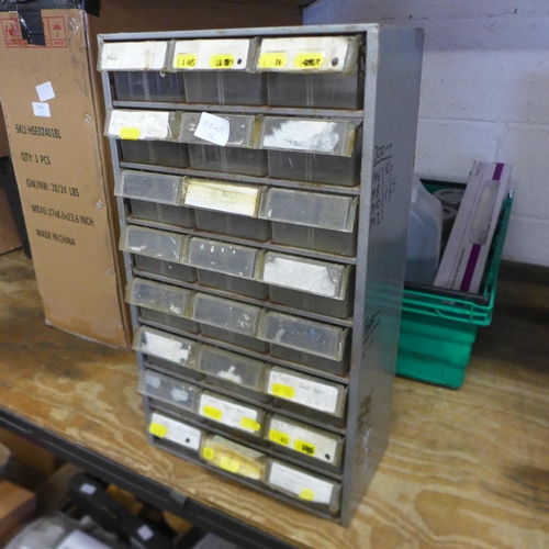 2249 - Two garage/screw drawers and box of angle grinder and stone cutting discs